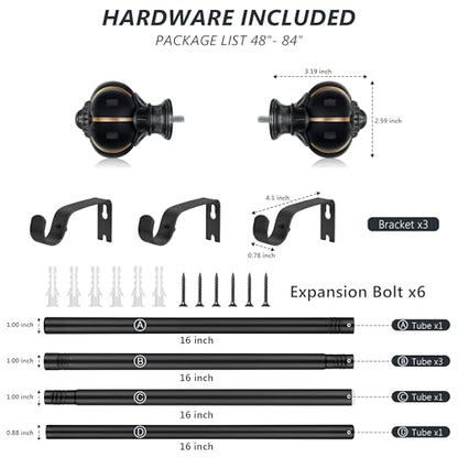 Ceramic Curtain Rods for Windows 48 to 84 Inch 1 Inch Adjustable - color: Black Black, size: 48"-84"