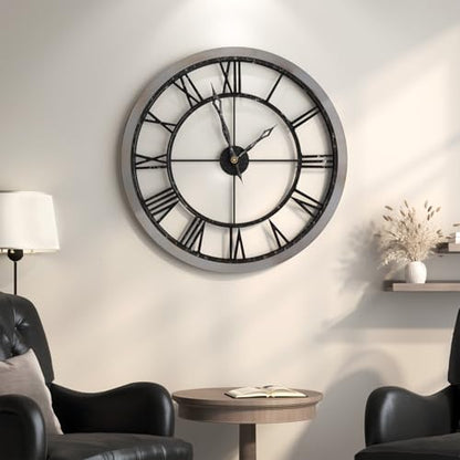 Cuspin 30 Inch Large Wall Clock Rustic Industrial Wood Frame Roman Numeral - color: Wood Industrial Roman, size: 30 Inch