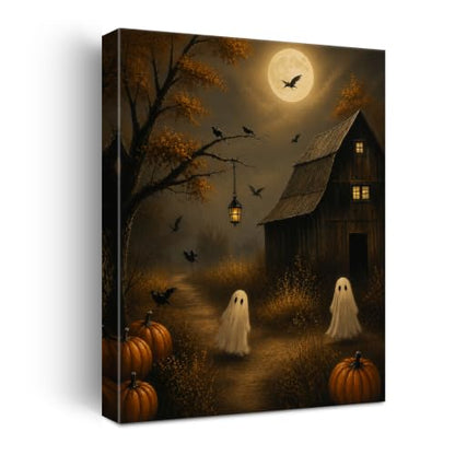 Halloween Wall Art Canvas Print Framed, Ghosts Pumpkins Barn Poster - color: T