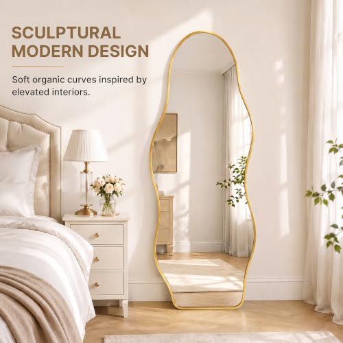 Irregular Wall Mirror Full Length with Stand, 63" x 24" Gold Asymmetrical Wavy Floor Mirror, Full Body Standing Mirror, Leaning or Wall Mounted for Bedroom, Living Room & Entryway - color: Gold - Squiggle