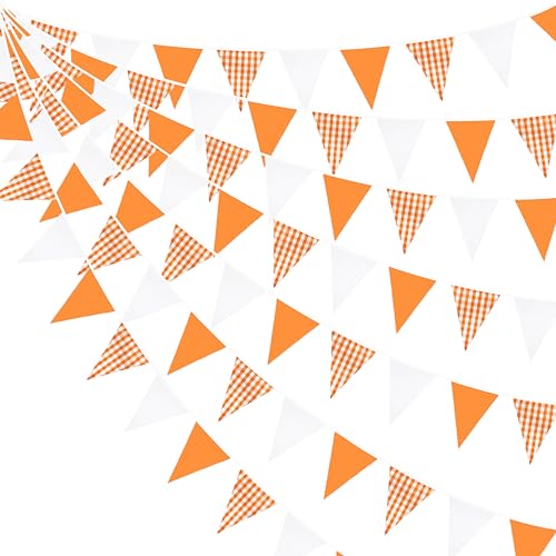 32Ft Orange Party Decorations Orange Buffalo Plaid Checkered White Triangle Flag Gingham Pennant Bunting Fabric Garland Streamers for Fall Autumn Graduation Birthday Thanksgiving Picnic Garden Decor - color: Orange Checkered