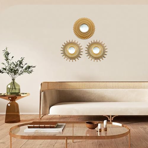 Gold Mirrors for Wall Decor Pack of 3. Round Mirrors.Rays of Light and Annual Ring Shape. Decorative Mirrors.Wall Mirrors for Decor Home Decor.Plastic Frames.Glass Mirrors.Sun Gold Color. - color: Sun Gold M2k1