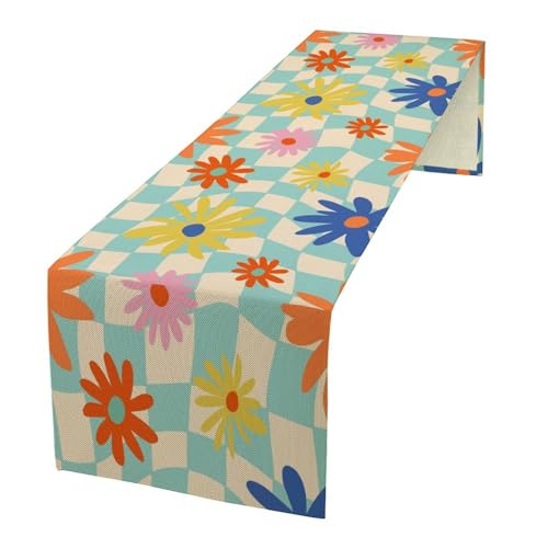 Retro Floral Checkered Table Runner Vintage Gardern Flowers Twisted Groovy Trendy Hippie Grid Farmhouse Country Dinner Runner for Home Kitchen Dining Table Party Holiday Decor 13"x36" - color: Orange-17, size: W13"x L36"