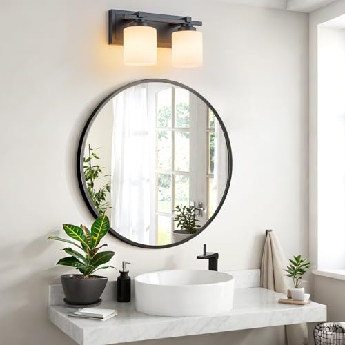 Modern Bathroom Light Fixtures Over Mirror, Vanity Lights for Bathroom Wall Sconces with Milky White Glass Shades, E26 Socket (Bulbs Not Included), 2 Light, Black - color: Black, size: 12.20 inch-2-Light