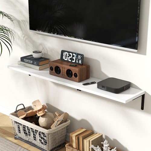 Fun Memories Deep Floating Shelves, 24W x 8D Floating Shelves Set of 2, Wall Mounted Shelf with Metal Brackets, Rustic Wood Wall Shelf for Bathroom, Kitchen and Living Room, White - color: White | L Bracket, size: 24"L x 8"D