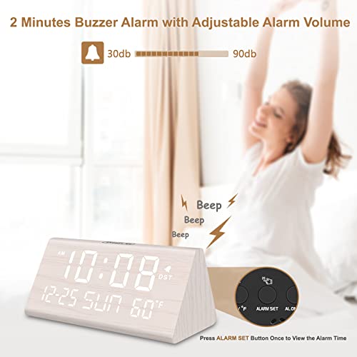 DreamSky Digital Alarm Clock for Bedrooms - Wooden Desk Clock with Date - color: White