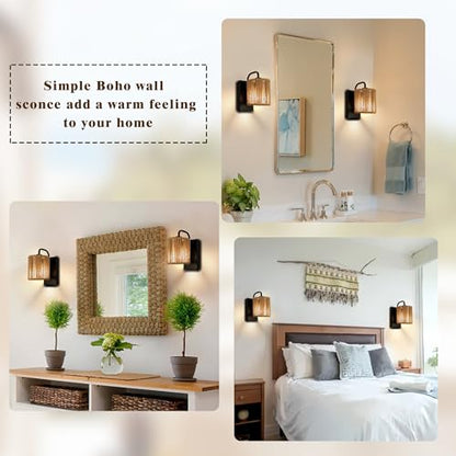 Boho Wall Sconce Rattan Wall Light Fixtures Hemp Rope Sconces - color: Woven Rattan Style