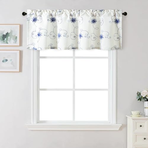 VOGOL Blue Floral Vine Embroidered Window Valance, 60 x 18, 1 Panel - color: Hy-blue, size: 60"W x 18"L (Pack of 1)