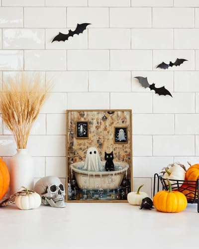 ARPEOTCY Vintage Framed Canvas Wall Art, 12x16 Inch Ghost & Cat Halloween Bathroom Wall Art, Retro Print Artwork for Living Room Gallery, Vintage Spooky Picture Home Decor Aesthetic - color: Ghost & Cat Mayhem, size: 16"L x 12"W