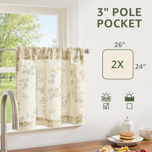 jinchan Floral Linen Kitchen Tier Curtains, 24 Inch, 2 Panels, Green - color: Alisa Green, size: 26"W x 24"L (Pack of 2)