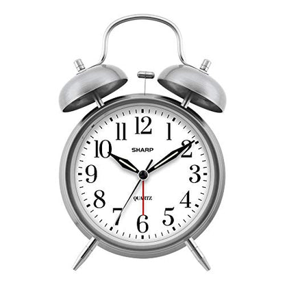 Sharp Twin Bell Alarm Clock - Loud Alarm - Great for Heavy Sleepers - Battery Operated Quartz Analog Clock (Brushed Silver) - color: Brushed Silver
