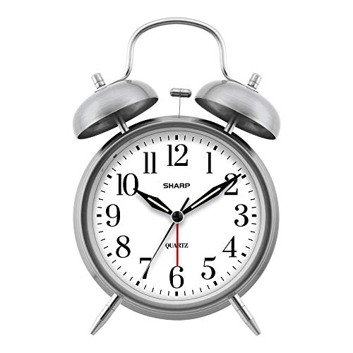 Sharp Twin Bell Alarm Clock - Loud Alarm - Great for Heavy Sleepers - Battery Operated Quartz Analog Clock (Brushed Silver) - color: Brushed Silver