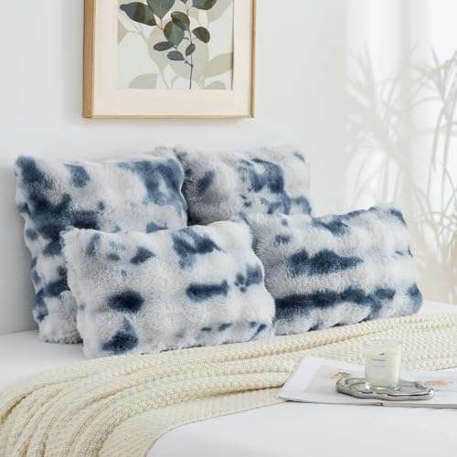 FUTEI Pack of 2 Faux Fur Throw Pillow Covers 12x20 Inch, Blue White - color: Blue White, size: 20" x 12" (Pack of 2)