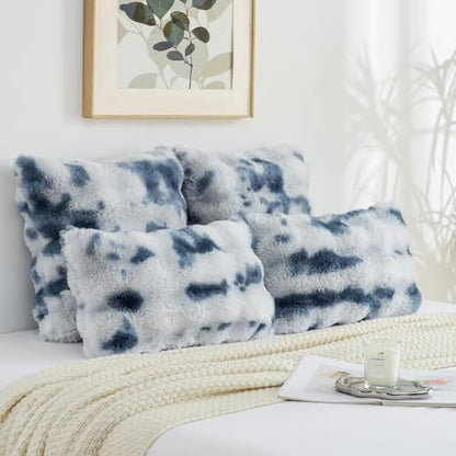 FUTEI Pack of 2 Faux Fur Throw Pillow Covers 12x20 Inch, Blue White - color: Blue White, size: 20" x 12" (Pack of 2)