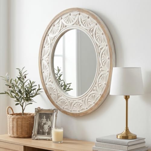 Round Mirror for Bathroom,Wood Farmhouse Vanity Circle Wall Mirror