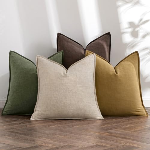 MIULEE Neutral Green/Brown Boho Linen Pillow Covers 18x18 Inch Pack of 4 - color: Neutral Green/Brown, size: 18" x 18" (Pack of 4)