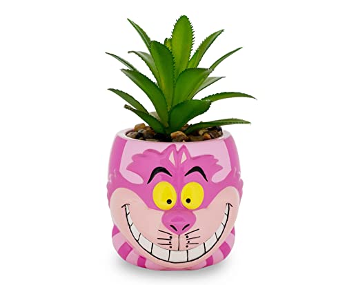 Silver Buffalo Disney Alice in Wonderland Cheshire Cat 3-Inch Ceramic Mini Planter w/Artificial Succulent | Small Flower Pot, Faux Indoor Plants for Desk Shelf, Home Decor Trinket Tray - color: Cheshire Cat