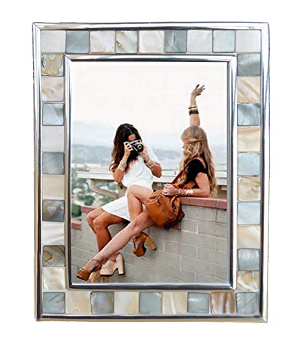 Silver Plate Picture Frame 4x6 Mother of Pearl 4 by 6 Photo Frame Mosaic Glass Tabletop Frame (Grey+ White,1pc) - color: Grey, size: 4x6 Inch