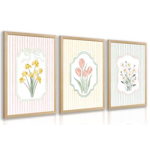 RLKHG Wood Framed Cottagecore Floral Wall Art Set of 3, Pastel Stripe Flower Poster Prints, Vintage French Country Garden Decor, Farmhouse Botanical Artwork for Living Room Bedroom 16x24 Inch - color: Flower, size: 24"L x 16"W