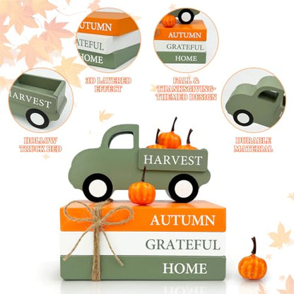 Fall Decorations for Home Indoor, Thanksgiving Wooden Farmhouse Harvest Decor Signs with Book Stack, 3D Truck, 5 Pumpkins for Office Table Tiered Tray, Autumn Centerpiece Gifts for Bedroom Desk - style: Wooden Truck
