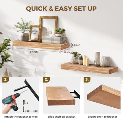 Solid Wood Floating Shelves, 17 Inch Wall Shelves, Set of 2, Oak - color: Oak, size: 17x8x1.6