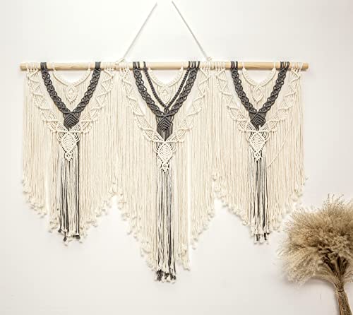 guzhiou Large Macrame Wall Hanging, Boho Woven Tapestry Decor Art, 43"x32" - color: Beige-grey