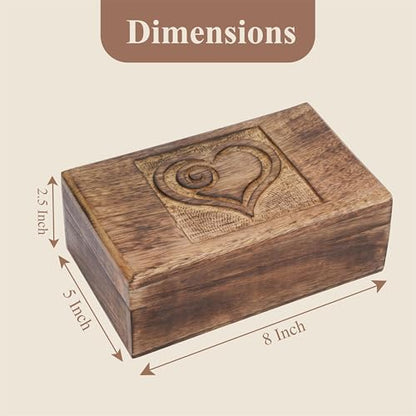 Ajuny Wooden Jewelry Box Heart Carved Keepsake Treasure Chest 8x5 Inch Case