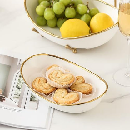 2-Tier Fruit Bowls for Kitchen Counter,Ceramic White Bowl with Gold Metal Stand,2 Tier Fruit Basket for Fruit,Snack,Cake,Nuts,Dessert Space Saving Storage - color: Gold&White