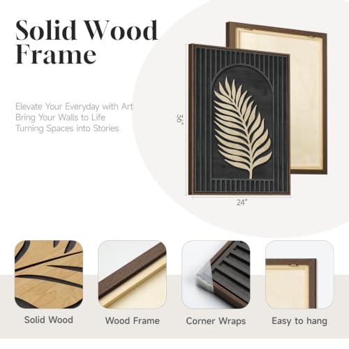 Framed 3D Wood Tropical Botanical Textured Wall Decor Living Room, 24x36 In - color: Black Brown