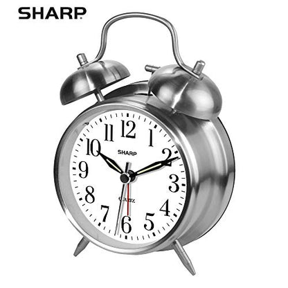 Sharp Twin Bell Alarm Clock - Loud Alarm - Great for Heavy Sleepers - Battery Operated Quartz Analog Clock (Brushed Silver) - color: Brushed Silver