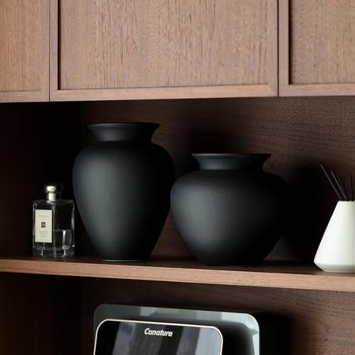 Black Ceramic Flower Vase, Decorative Jar Modern Centerpiece Table Decorations,Rustic Ceramic vases for Home Decor Dining Room,Wide Mouth Ceramic vase for Kitchen Utensils - color: Black, size: 0620