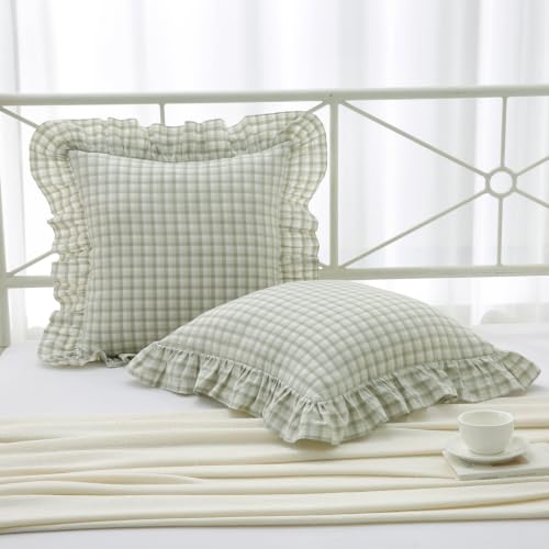 Mywinlle Gingham Ruffle Throw Pillow Shams, Muted Sage Green, 18"x18" - color: Muted Sage Green Gingham, size: 18" x 18" (Pack of 2)
