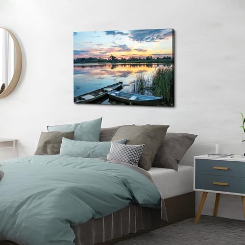 Dream Land Lake Landscape Canvas Wall Art: Green Water Wilderness Painting Relaxing Dusk Scenery Picture for Living Room - color: boat, size: 45"L x 30"W