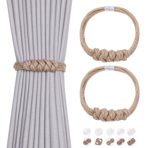 NICEEC 2 Pack Natural Jute Rope Curtain Tiebacks Elegant Boho Style Magnetic Drape Tie Backs Soft Hand-Woven Rope Curtain Holdbacks for Home & Office Drapery (Jute knot-04) - color: Jute Knot-04, size: 2 Pack