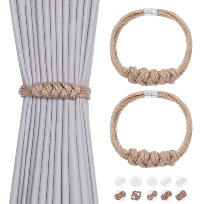 NICEEC 2 Pack Natural Jute Rope Curtain Tiebacks Elegant Boho Style Magnetic Drape Tie Backs Soft Hand-Woven Rope Curtain Holdbacks for Home & Office Drapery (Jute knot-04) - color: Jute Knot-04, size: 2 Pack