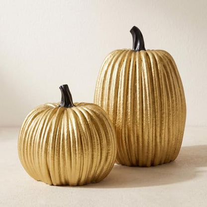 Gold Halloween Pumpkin Decor, Small Resin Pumpkins Set of 2 - color: Gold and Black-set of 2