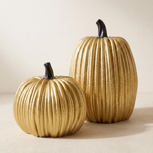 Gold Halloween Pumpkin Decor, Small Resin Pumpkins Set of 2 - color: Gold and Black-set of 2