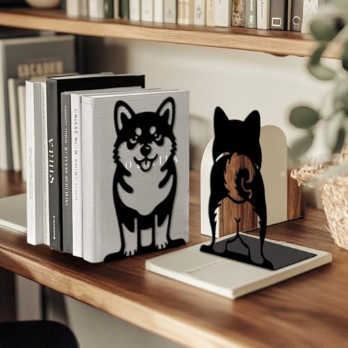 Peacoblue 5.3"x4.3"x7.9" Metal Bookends, Heavy Duty Book Ends for Shelves - style: Cute Shiba Inu