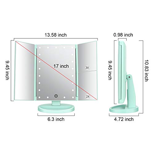 deweisn Tri-Fold Lighted Vanity Tabletop Mount Mirror with 21 LED Lights, Touch Screen and 3X/2X/1X Magnification, Two Power Supply Mode Make up Mirror,Travel Mirror - color: Green