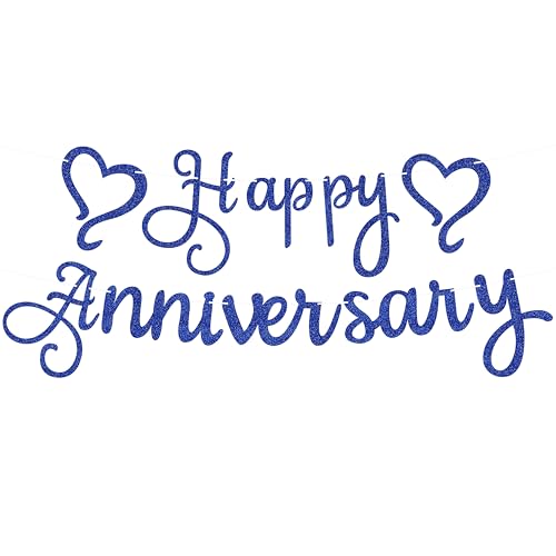 Pre-Strung Happy Anniversary Banner - Royal Blue Glitter Wedding Anniversary Decorations, Party Photo Booth Props - color: Royal Blue