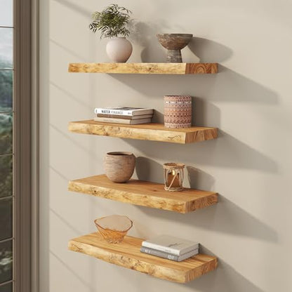 fuqing Live Edge Floating Shelves for Wall, 24 Inch Solid Elm Wood Shelves - color: Natural Elm Live Edge - 8"d, size: 24"L - 2Packs
