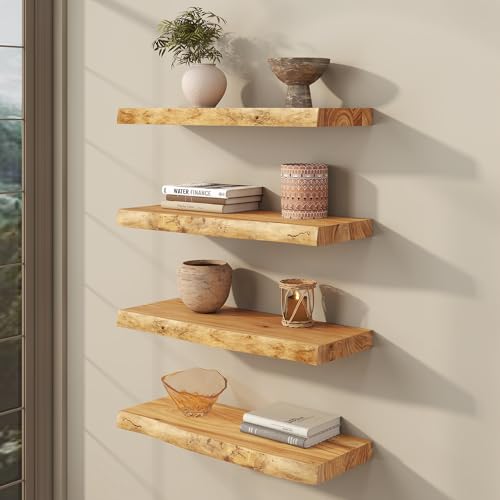 fuqing Live Edge Floating Shelves for Wall, 24 Inch Solid Elm Wood Shelves - color: Natural Elm Live Edge - 8"d, size: 24"L - 2Packs