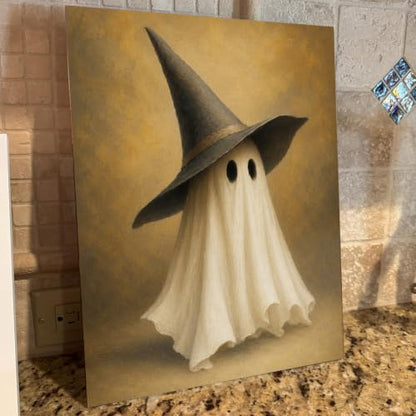 Halloween Wall Art Decor, Cute Ghost Witch Hat Canvas Print Framed Poster - color: W