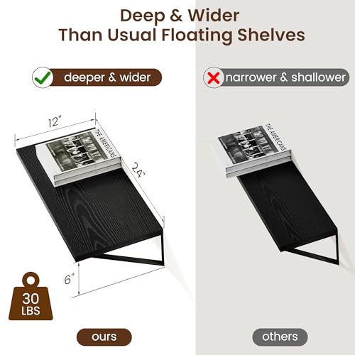 Axeman Deep Floating Shelves Black- 24 Inch Wide x 12 Inch Deep Wall Shelves Set of 2 - Black Wood Wall Shelves for Living Room Bedroom Laundry Room - color: Black, size: 24W x 12D