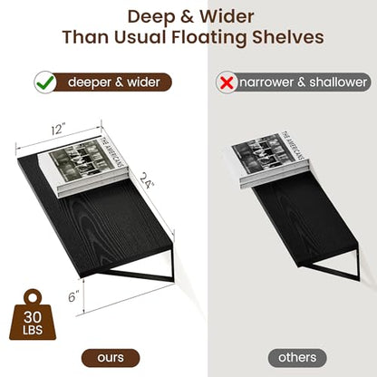 Axeman Deep Floating Shelves Black- 24 Inch Wide x 12 Inch Deep Wall Shelves Set of 2 - Black Wood Wall Shelves for Living Room Bedroom Laundry Room - color: Black, size: 24W x 12D