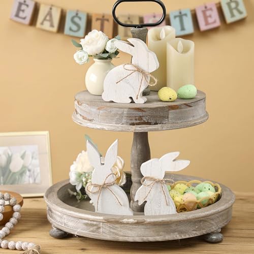 3 Pcs White Wooden Easter Bunny Signs with Jute Bows, Farmhouse Tiered Tray & Table Decor for Mantel, Desk, Spring and Easter Home Decoration