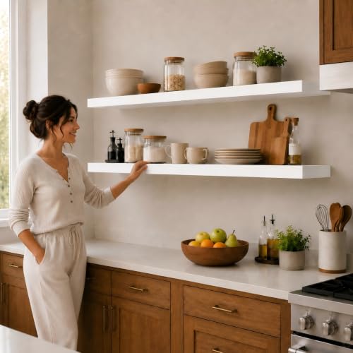 Floating Shelves Set of 2, 48 Inch Long 8" Deep, Heavy Duty Wood Wall Mounted Shelves for Bathroom Living Room Kitchen, Book Shelves with Thickened Hidden Bracket - White - color: White, size: 48'' x 8''x 2''(set of 2）