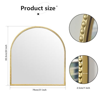 33"x 31"Arched Dresser Mirror, Antique Gold Wall Mirror Metal Beaded Frame for Living Room, Bedroom, Entryway, Bathroom