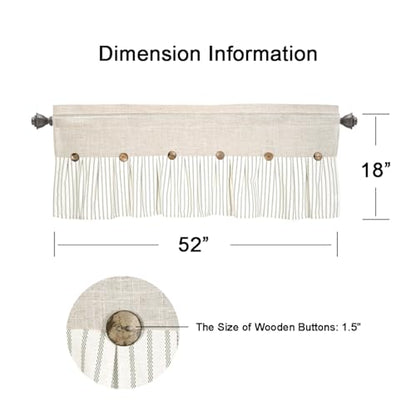DOSLY IDÉES Farmhouse Linen and Cotton Green Striped Button Valance, Striped Pleated Design with Coconut Buttons, Multi-Room Window Treatment for Kitchen Living Room Bedroom, 52" W x 18" L - color: Linen & Green Stripe, size: 52"W x 18"L (Pack of 1)