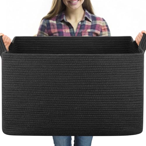 OIASKET 95L Extra Large Blanket Basket, 24" x 16.9" x 14.2" Woven Basket - color: Black, size: 24"x16.9"x14.2"